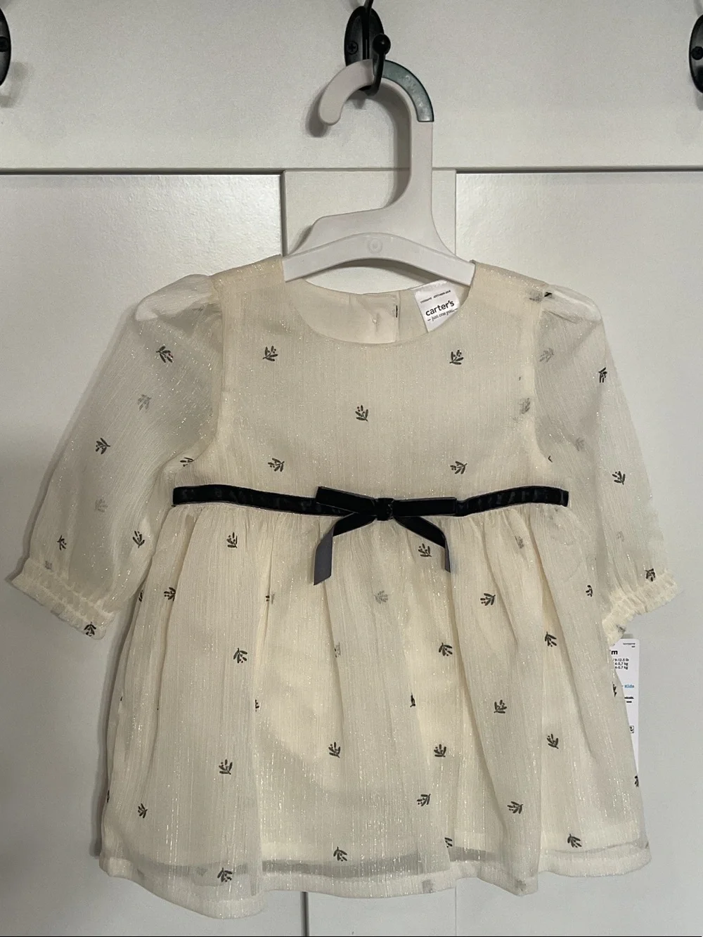 Carter's Ivory Dress with Black Ribbon Accent